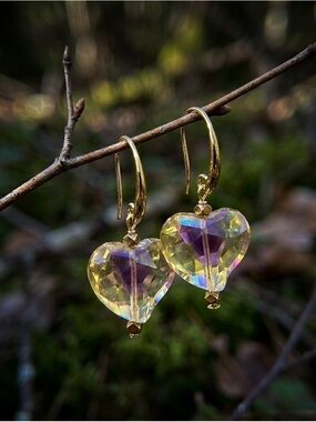 Iridescent Heart-Shaped Crystal Drop Earrings on 18KGP Hook Ear Wires